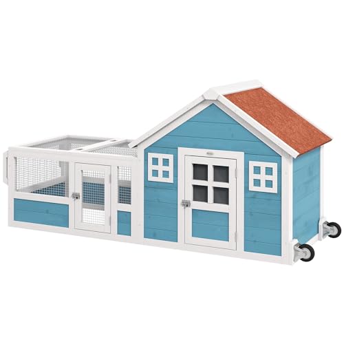 PawHut Rabbit Hutch Outdoor, Bunny Cage Guinea Pig House Small Animals Habitat with Wheels, Asphalt Roof, Handle