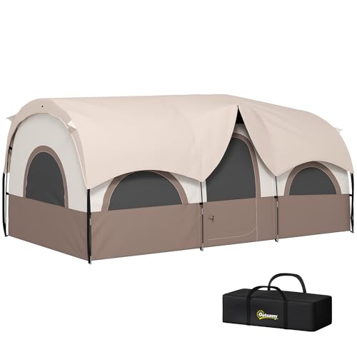 Outsunny 4-6 Person Camping Tent with 3 Room, 3000mm Waterproof, UPF30+ Cabin Tent with Sewn in Groundsheet, Portable with Bag for Fishing Hiking Festival Family Gathering, Khaki