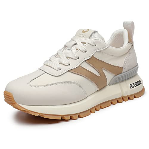 somiliss Sneakers for Women Genuine Leather Suede Patchwork Casual Lace Up Non-Slip Walking Shoes Comfortable Tennis Running Shoes Womens Fashion Sneakers, Beige, 7