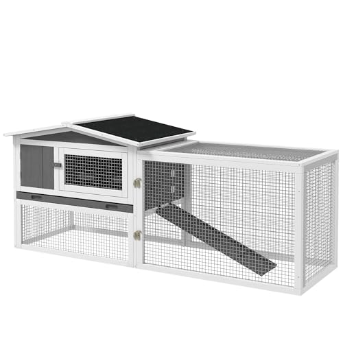 PawHut 61&#039;&#039; L 2-Story Rabbit Hutch Bunny Cage Small Animal House with Pull Out Tray, Detachable Run, Ramp, for Indoor Outdoor, Light Grey