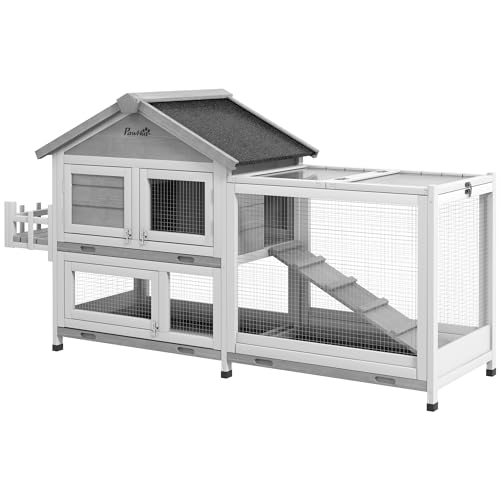 PawHut 65&quot; Wooden Rabbit Hutch, Pet Playpen with Openable Roof, Bunny House Enclosure with Storage Box, Slide-Out Tray, Ramp, for Rabbits and Small Animals, Grey