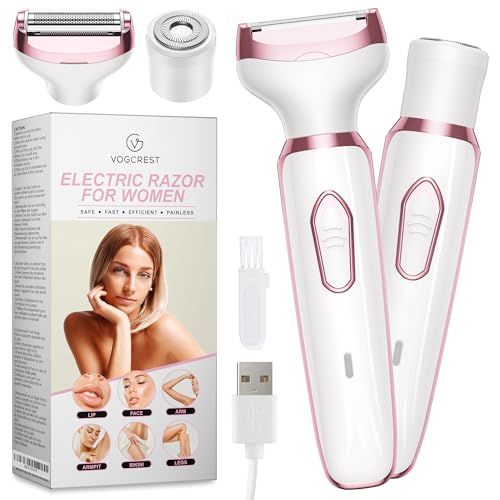 Electric Razor - Shaver - Trimer for Women: 2 in 1 Painless Body Razors and Facial Hair Remover - Rechargeable Hair Removal Kit for Face Body Leg Bikini Underarm Arm (White, Rose Gold)