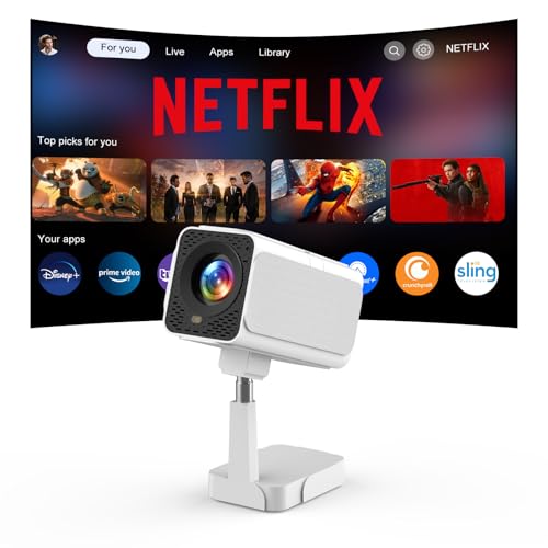 【Netflix Officially &amp; Telescopic Stand】 Smart Projector with WiFi6 and Bluetooth, 【Electric Focus &amp; Auto Keystone】, 1080P Mini Projector with 180° Adjustable Stand, One-Click Use YouTube/Disney+