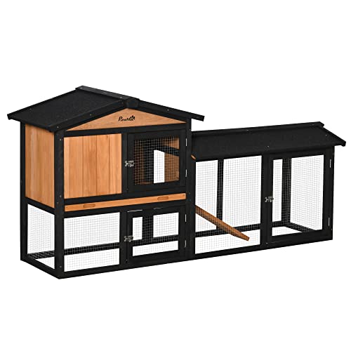 PawHut 69&quot; Wooden Rabbit Hutch, Bunny Cage with Run Box, Slide-Out Tray, Ramp, Waterproof Roof for Rabbits, Guinea Pig cage and Small Animals, for Indoor Outdoor, Black
