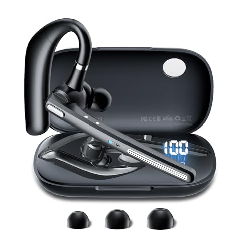 Bluetooth Headset, Bluetooth Earpiece V5.3 with Noise Cancelling Mic, Wireless Headset Hands-Free with High Capacity Battery LED Display Charging Case, Single Ear Headphones for Office/Trucker