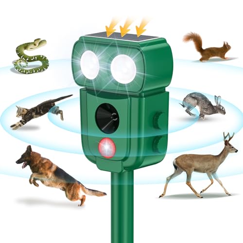 3Free Animal Repellent Outdoor, Upgrade Solar Powered Squirrel Repellent with Waterproof Motion Sensor &amp; Flash Light, Mouse Raccoon Bird Skunk Deer Cat Gopher Snake Repellent for Yard Garden Lawn Farm