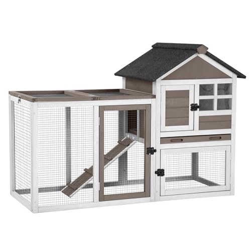 Aivituvin Rabbit Hutch Outdoor Chicken Coop Indoor Bunny Cage with Run,Guinea Pig House Pull Out Upper Tray (Brown)
