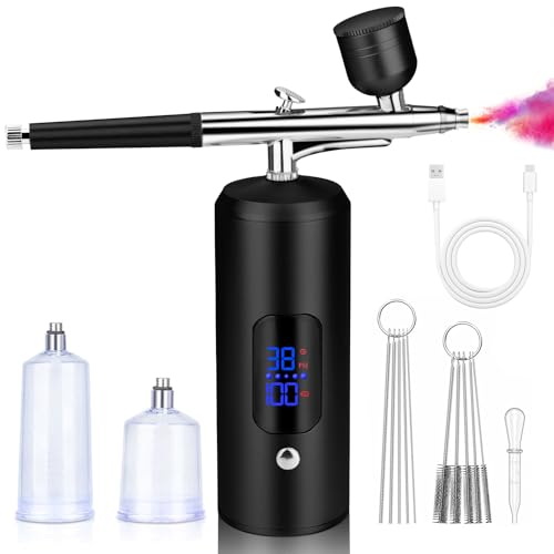 Daakro Cordless Airbrush Set - Portable Rechargeable Airbrush Kit with Compressor, LCD Screen Upgraded Cordless Airbrush Set for Makeup, Nail Art, Cake Decor, Model Painting, Barber, Tattoo(Black)