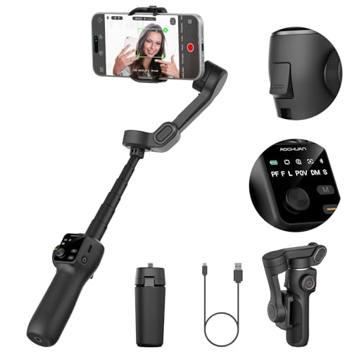 AOCHUAN 3-axis Gimbal Stabilizer w/Built-in 7.8&#039; Extension Rod, Portable Phone Gimbal w/AI Tracking, Smartphone Stabilizer for iPhone w/Full-Screen OLED Display, Trigger Button Smart V8(Black)