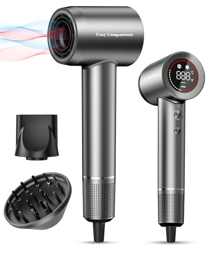 Hair Dryer - Negative Ionic Blow Dryer with 170000 RPM High Speed Brushless Motor for Fast Drying, Low Noise, HD Display Hair Dryer with Diffuser and Nozzle, 5 Temps &amp; 2 Speeds