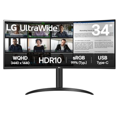 LG 34" 34WR55QC-B UltraWide™ Curved Monitor with WQHD (3440 x 1440) HDR10 Display 100Hz Refresh Rate and USB Type-C, AMD FreeSync, Borderless Design, Height Adjustable, Black
