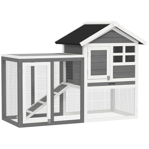 PawHut 48&quot; Weatherproof Wooden Rabbit Hutch with Slant Roof and Screened Outdoor Run, Grey