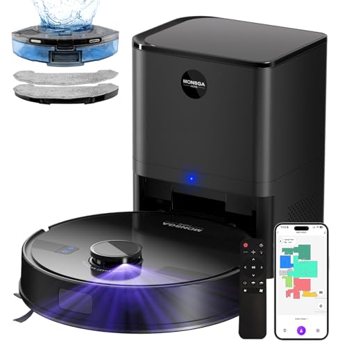 MONSGA Robot Vacuums and Mop 5000Pa, Self-Emptying, 3.5L 60-Day Capacity, Lidar Navigation,Home Mapping, Schedule, Wi-Fi/App/Alexa/Remote, 180mins Runtime, Robot Vacuums for Pet,Hard Floor,Carpet