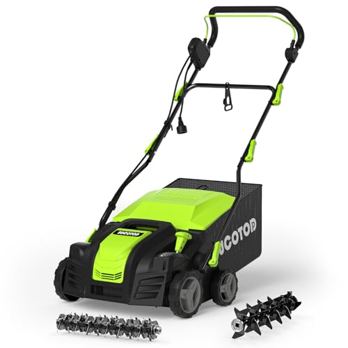2-in-1 16-Inch Dethatcher &amp; Scarifier Electric Corded, 15 Amp Copper Motor, Electric Lawn Dethatcher with 5-Position Depth Adjustment, 14.5 gal Thatch Bag,Walk Behind for Yard Lawn Garden Care