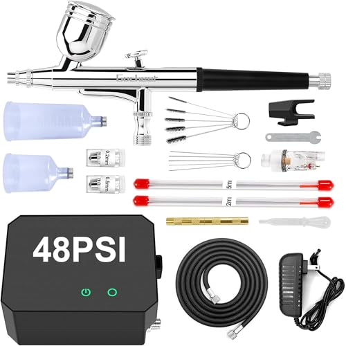 Gocheer Airbrush Kit with Air Compressor, 48 PSI Air Brush Non-Clogging with 0.2/0.3/0.5mm Nozzle and Cleaning Brush Sets, Ideal for Painting, Modeling, Artistry, Cake Decor, Pastry, Makeup, Nail Art B