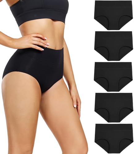 wirarpa Women&#039;s Cotton Underwear High Waist Briefs Full Coverage Panties Ladies Comfortable Underpants 5 Pack Black Large