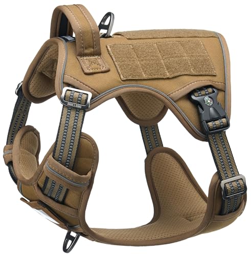 DNALLRINO Tactical Dog Harness for Medium Large Breeds, Heavy Duty Dog Harness with ID Card, Reflective Harness for Training Easy Control Dog Vest Brown