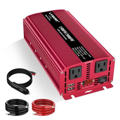 Yinleader 1500W/3000W(Peak) Power Inverter DC 12V to 110V-120V AC with Dual AC Outlets and Dual 3.1A USB Ports for car RV Caravan Truck Camping