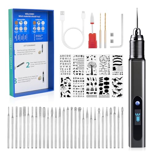 Engraving Pen Kit, Rechargeable Cordless Engraver Pen with 33 Bits, 10 Stencils, Mini DIY Electric Etching Machines Rotary Tool for Carving Jewelry Stone Wood Glass Metal Plastic