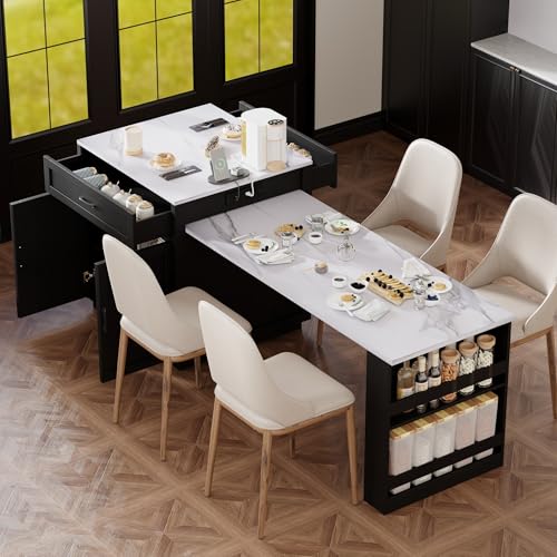 82.7 inch Kitchen Island with Extendable Dining Table for 4-6 Seating, Faux Mable Kitchen Island Table with Double-Sized Storage, Power Outlet, 2 Drawers, 2 Side Open Shelves (Black -82.7 inch)