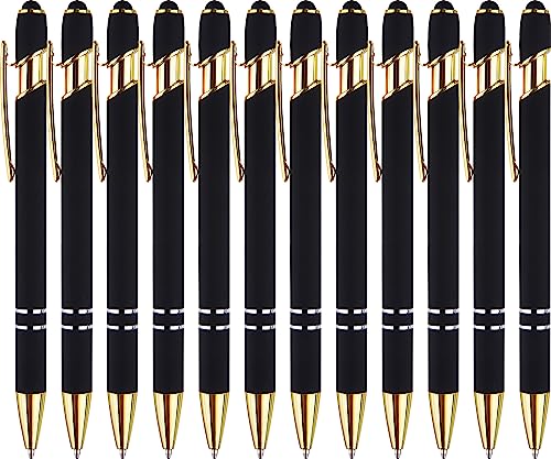 LINFANC 12 Pack Black Gold Ballpoint Pen with Stylus Tip, 1.0 mm Black Ink Smooth Writing Pens, Metal Stylus Pens for Touch Screens
