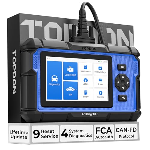 OBD2 Scanner TOPDON ArtiDiag600S, TOPDON Scan Tool V2.0, 4 Systems Code Reader, 9 Reset Services, Full OBD2 Functions, Lifetime Free Update, FCA AutoAuth, CAN FD, Auto VIN, Battery Test