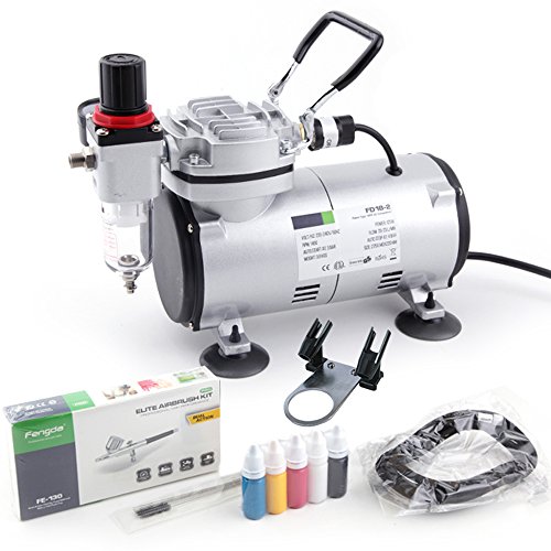 Timbertech Airbrush Kit with Compressor AS18-2K Basic Start Kit with Air Hose, Cleaning Brush &amp; Test Paints for Hobby, Body Tattoo, Graphic and Any Other Airbrush Application