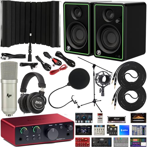 Focusrite Scarlett Solo 4th Gen 2x2 Audio Interface Recording Kit with Exclusive Creative Music Production Software Pack with CR3-X Creative Reference Multimedia Monitors &amp; Isolation Recording Shield