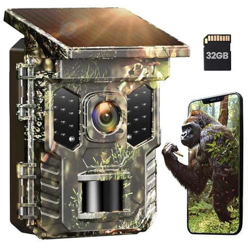 XTU Solar Trail Camera WiFi Bluetooth, 32MP 2.7K Game Camera with Night Vision Motion Activated 0.2s Trigger, IP66 Waterproof Wildlife Camera with 22pcs 850nm Low Glow Infrared LEDs Outdoor
