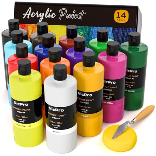 Nicpro 14 Colors Large Bulk Acrylic Paint Set (16.9 oz, 500 ml) Non Toxic Art Painting Supplies for Multi Surface Fabric Canvas Leather Stone Wood, Creative Paint with Color Wheel