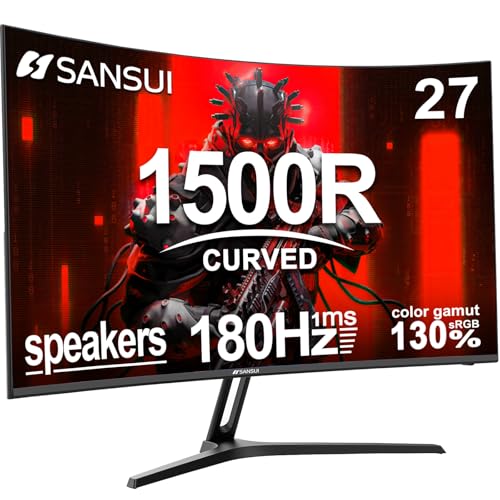 SANSUI 27 Inch Curved Gaming Monitor 180Hz 1ms with Speakers FHD 1080P Computer Monitor FreeSync|1500R|130% sRGB|HDR|Low Blue Light|HDMI DP Ports|VESA Mount|Metal Stand(ES-G27C1 HDMI Cable Included)