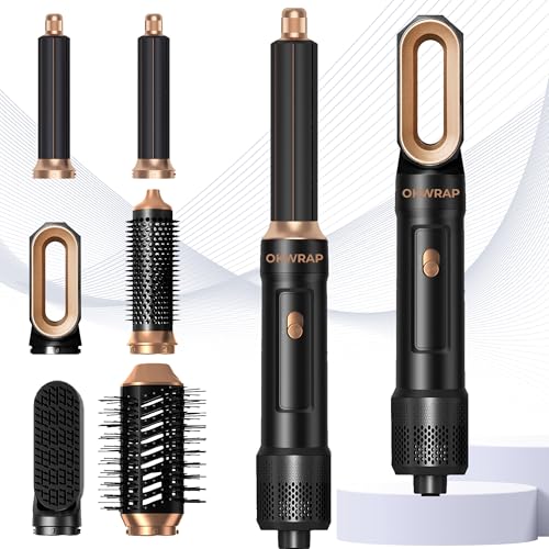 6 in 1 Blow Dryer Brush, Curling Wand Hair Air Styling Tools Set, Ionic with Massage Hot Air, Round Thermal Straightener,Left&amp;Right Curling Wand hair styling appliance (Black Gold)
