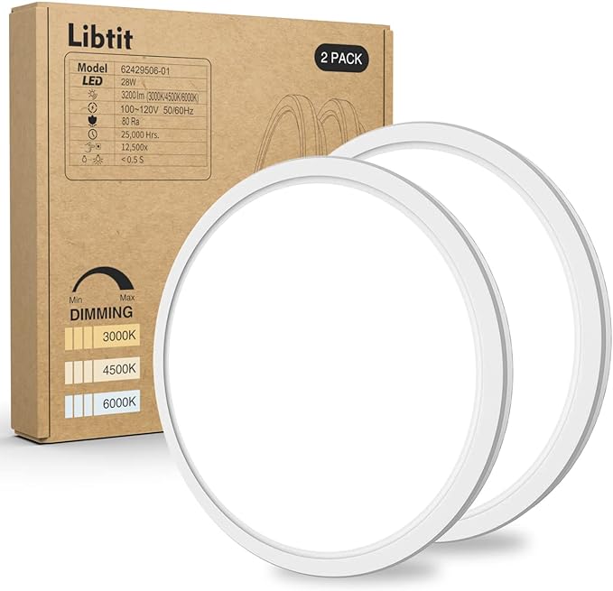 2PACK LED Flush Mount Ceiling Light Fixture, 3200LM 12 Inch 28W Dimmable 3000K-4500K-6000K 3 Color Temperatures Selectable led Ceiling Lights for Kitchen Bedroom Laundry Closet Room Hallway Porch