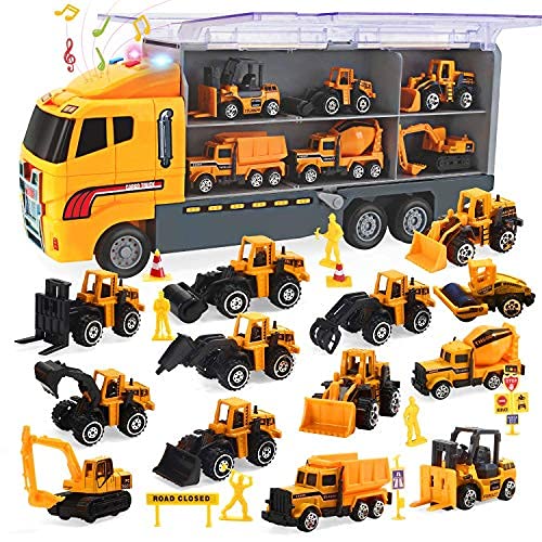 CUTE STONE 25 in 1 Construction Vehicles Trucks Toy Push and Go Car Carrier Truck Toy, Play Vehicles Toy with Sounds and Lights, 12 Mini Diecast Trucks Included